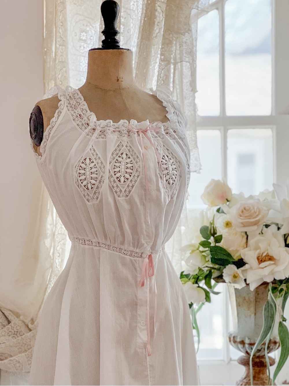 Edwardian White Lace Underdress with Pink Silk Ribbon Size XS - Picture 5 of 15